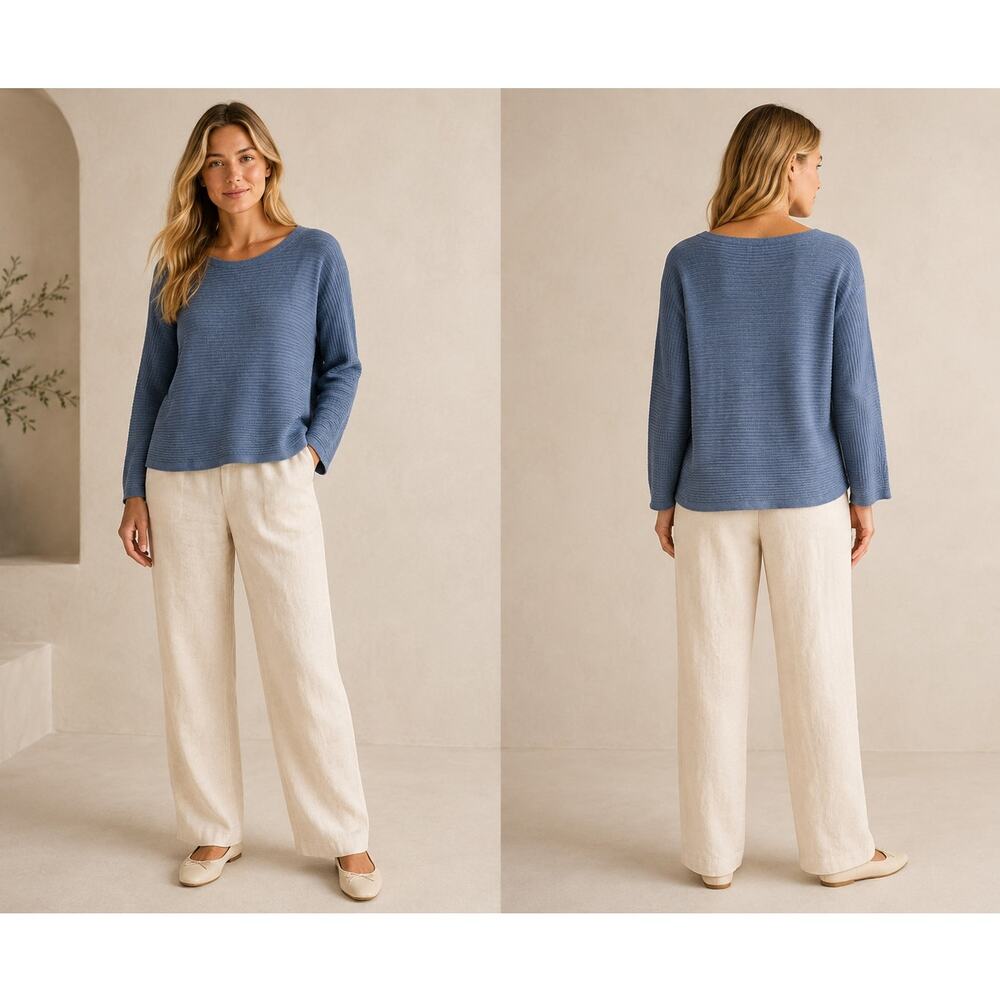 Eileen Fisher 100% Linen Ribbed Knit Sweater M Blue Women's Pullover Top